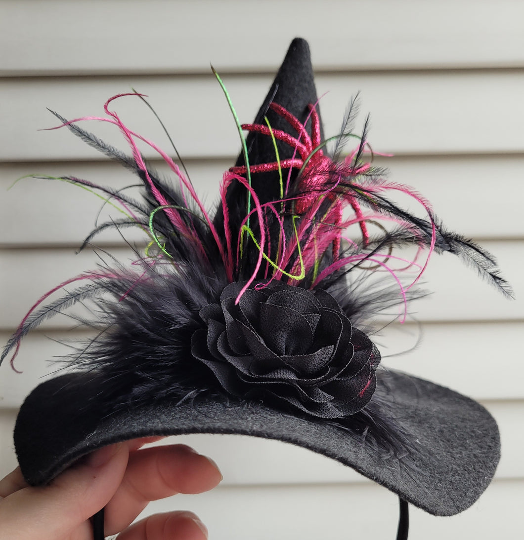 Pink Spider Mini Felt Witch Hat Fascinator