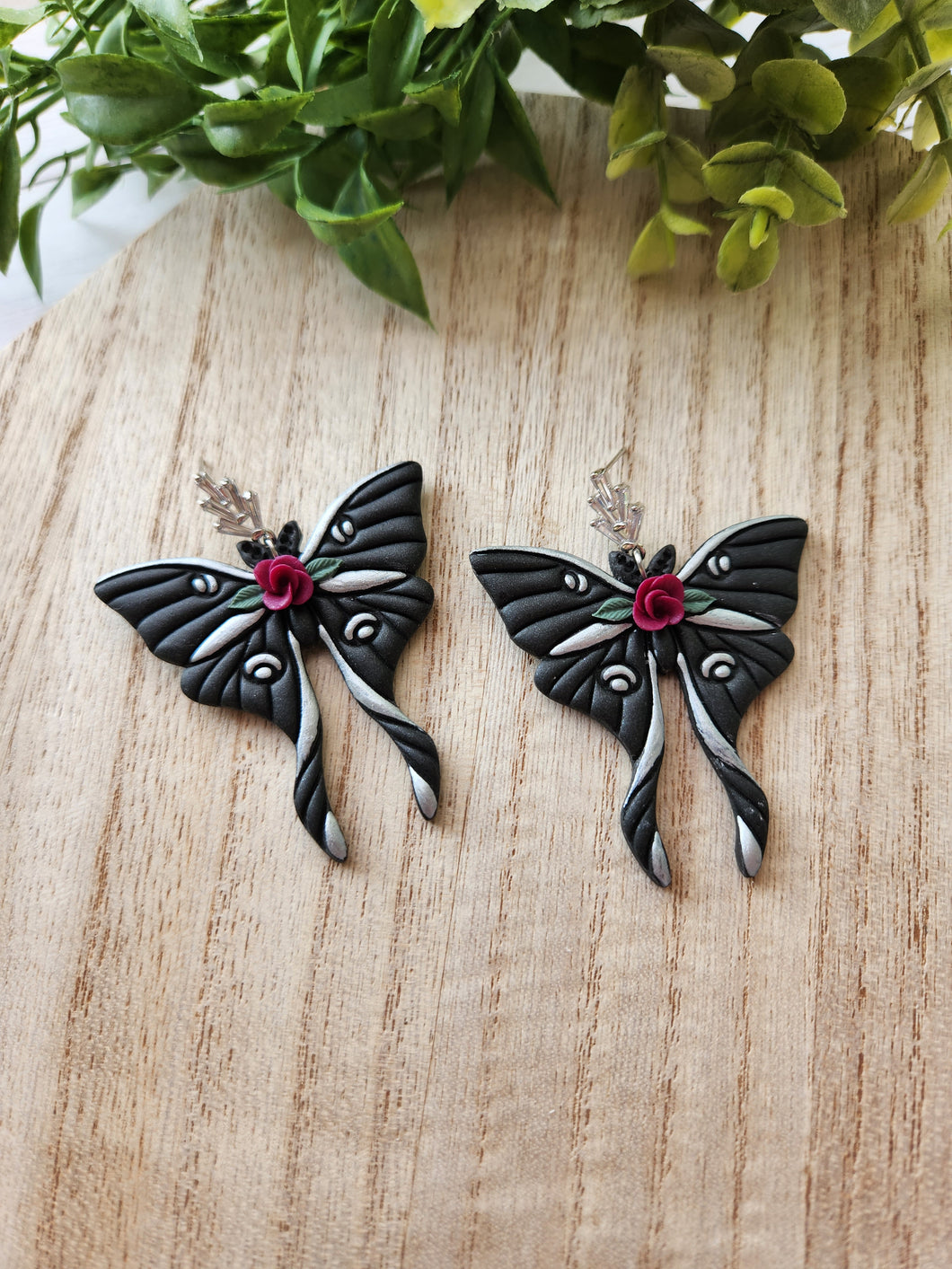 Large Black Floral Rhinestone Moth Dangles