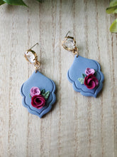 Load image into Gallery viewer, Blue Floral Scroll Frame Rhinestone Stud Dangles
