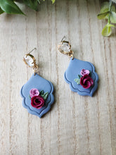 Load image into Gallery viewer, Blue Floral Scroll Frame Rhinestone Stud Dangles
