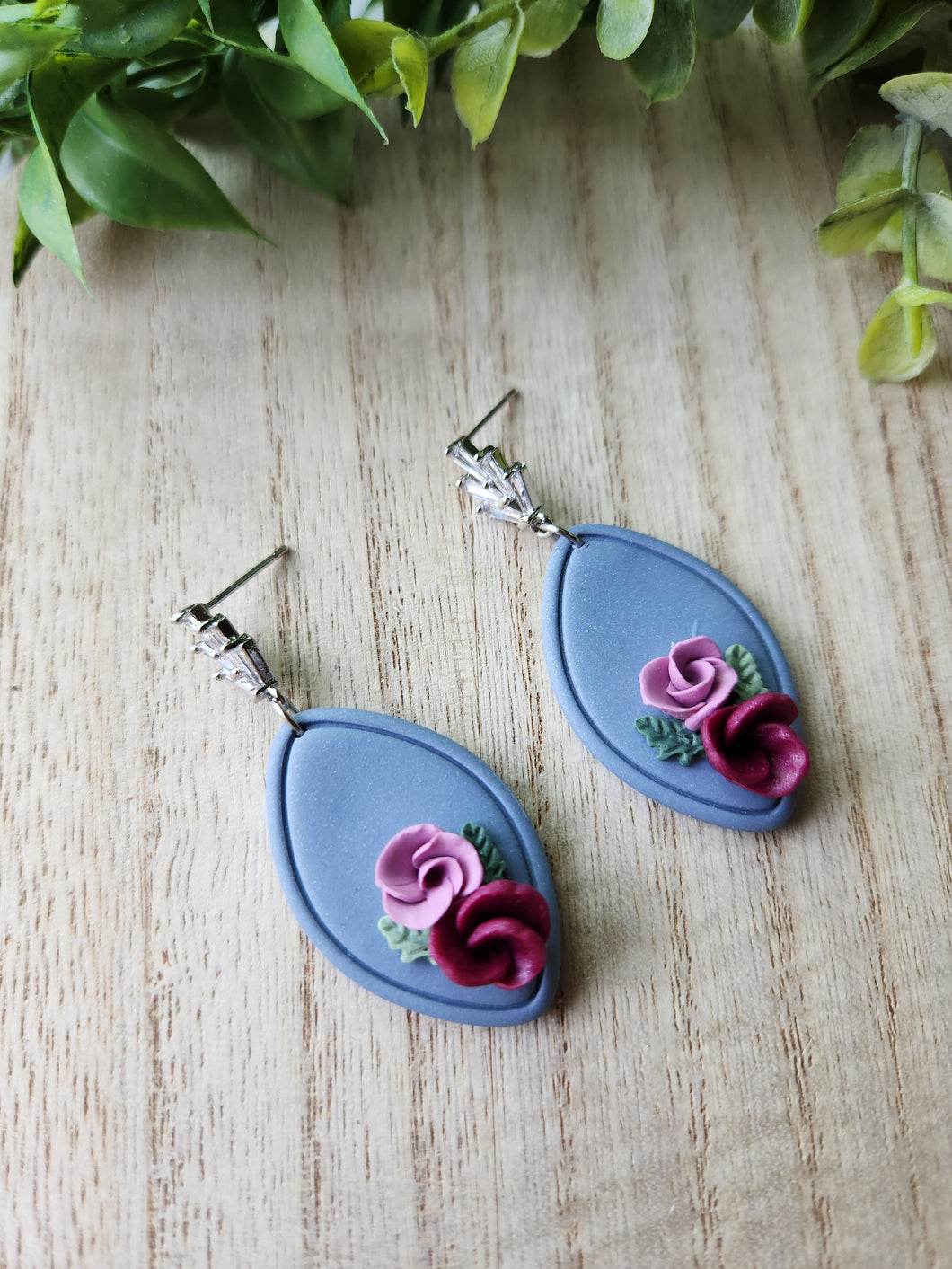 Blue Floral Oval Frame Dangles