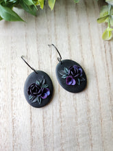 Load image into Gallery viewer, Purple &amp; Black Floral Oval Dangles
