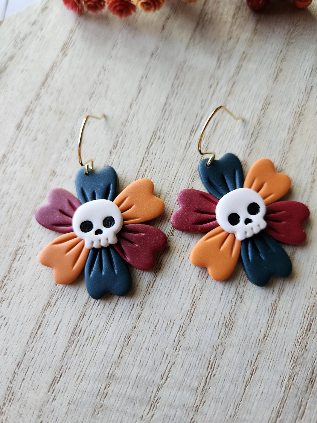 Dark Jewel Tone Skull Flower Dangles