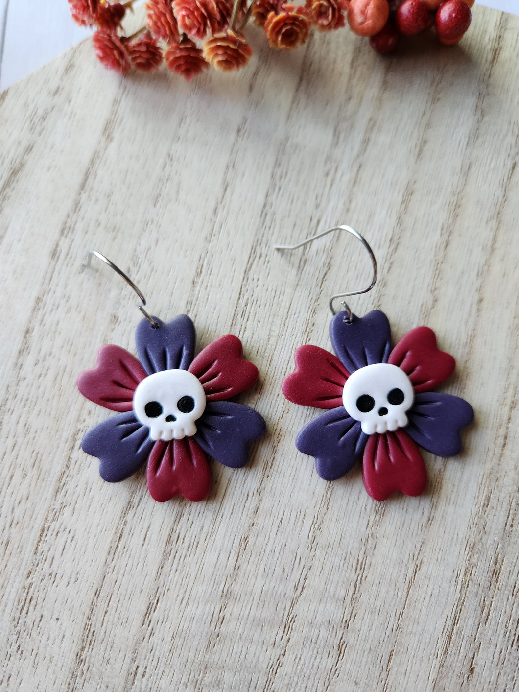 Purple & Red Skull Flower Dangles