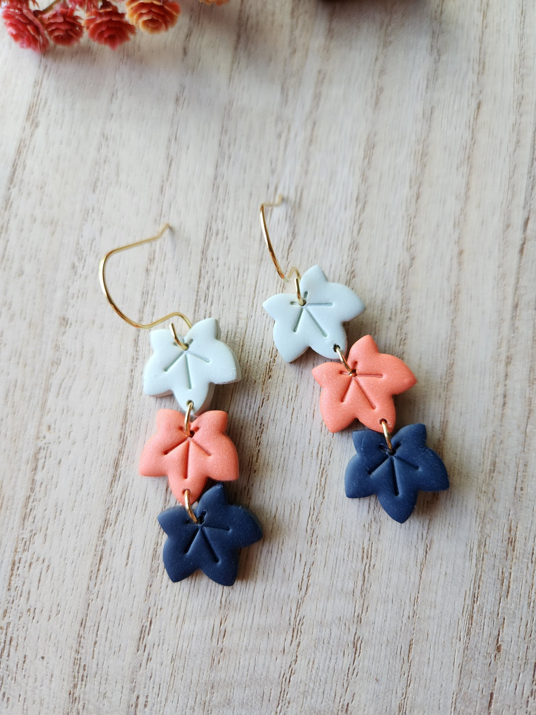 Navy Orange Aqua Maple Leaf Trio Dangles