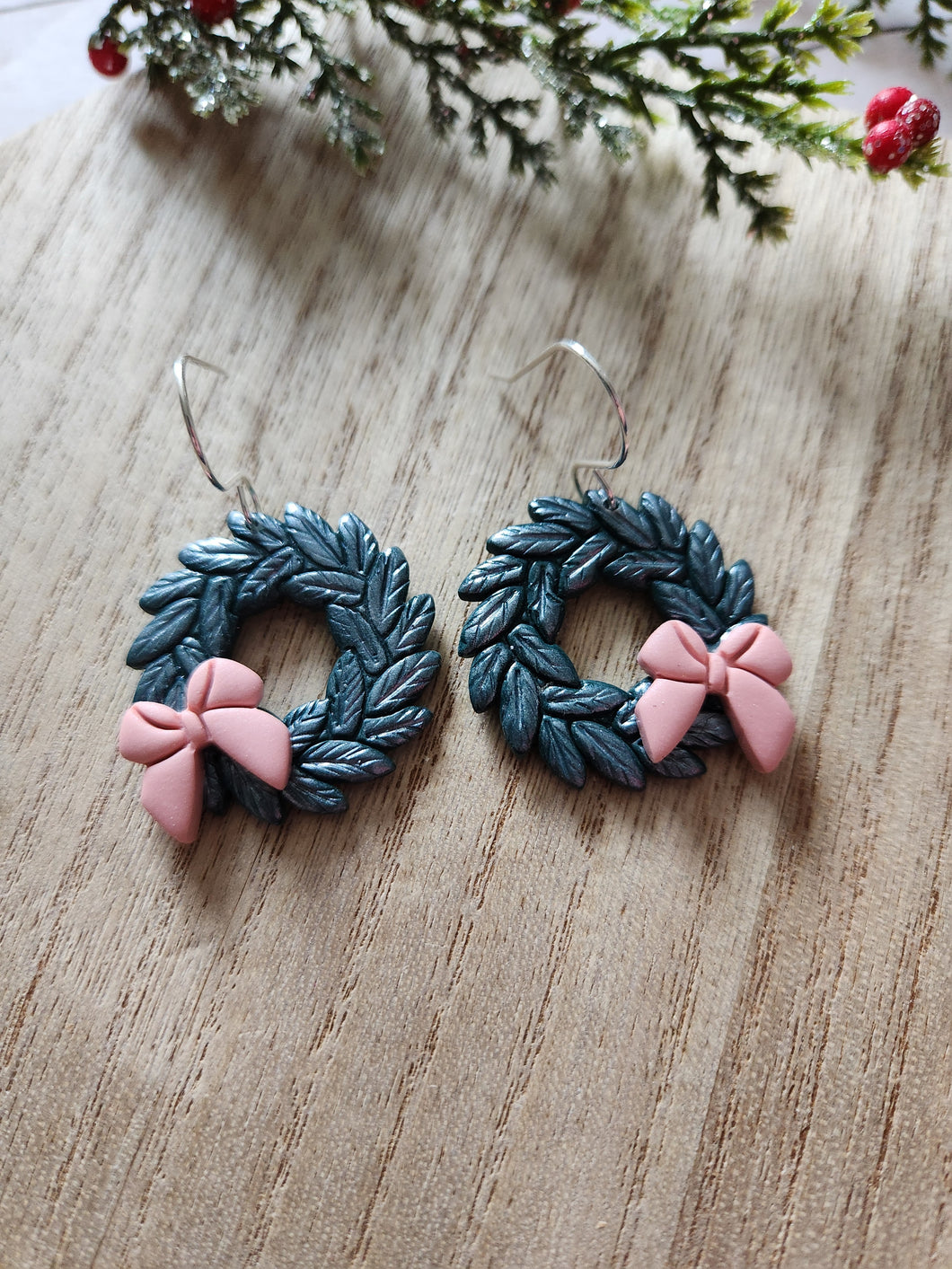 Pink Bow Wreath Clay Earrings