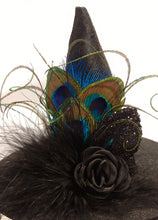 Load image into Gallery viewer, Peacock Mini Felt Witch Hat Fascinator
