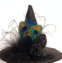 Load image into Gallery viewer, Peacock Mini Felt Witch Hat Fascinator
