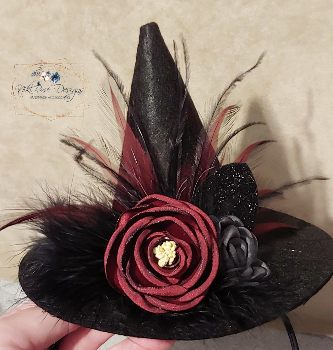 Burgundy Red Mini Witch Hat Fascinator