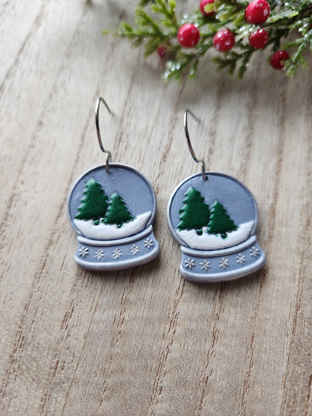 Silver & Blue Snowglobe Clay Earrings