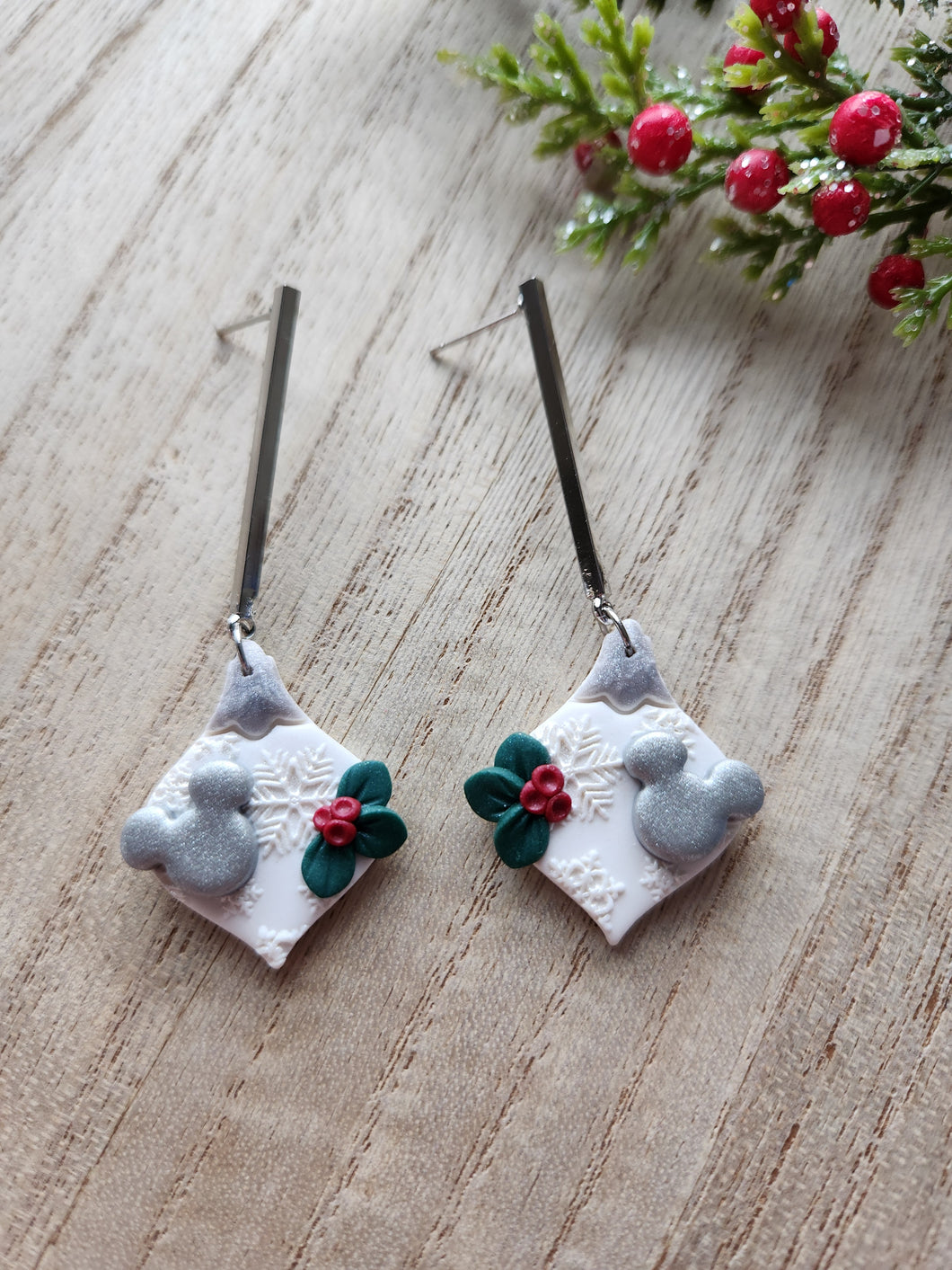 Silver Bar Mouse Ornament Clay Earrings