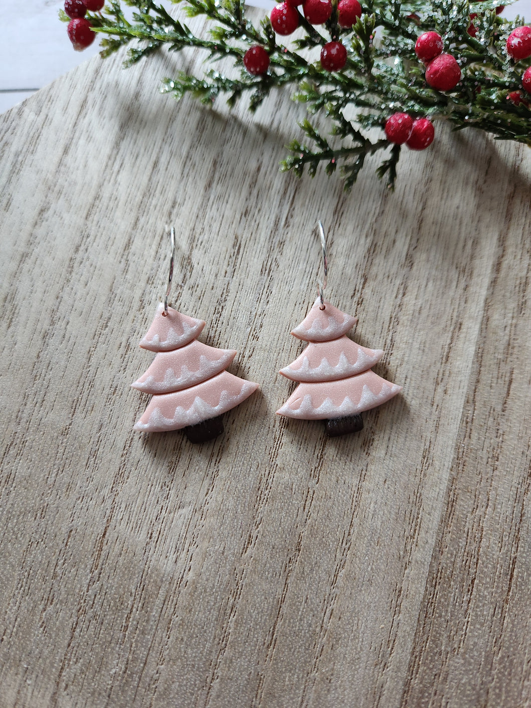 Large Pink Snowy Tree Clay Earrings