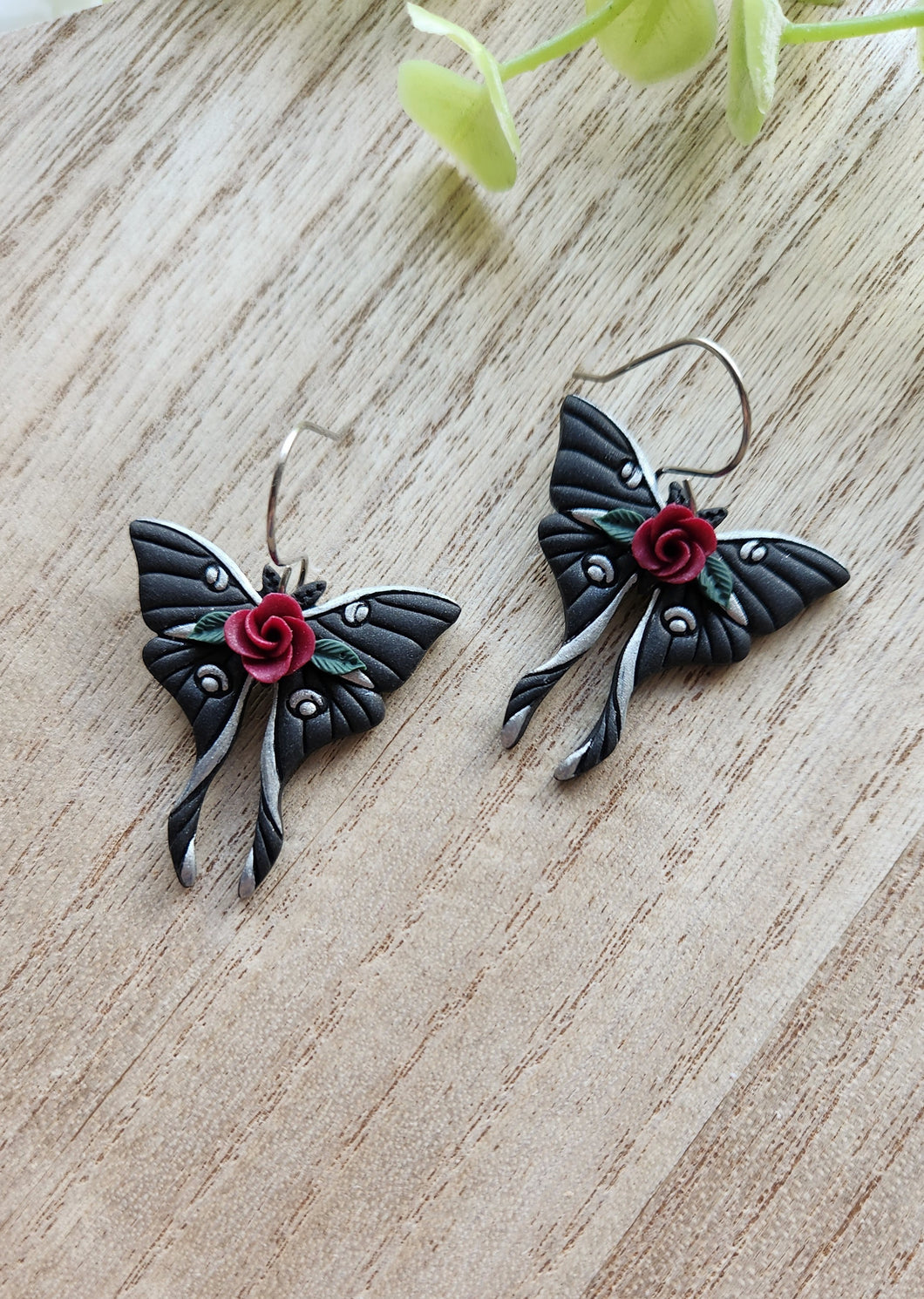 Small Black Silver Maroon Floral Moth Dangles or Hoops