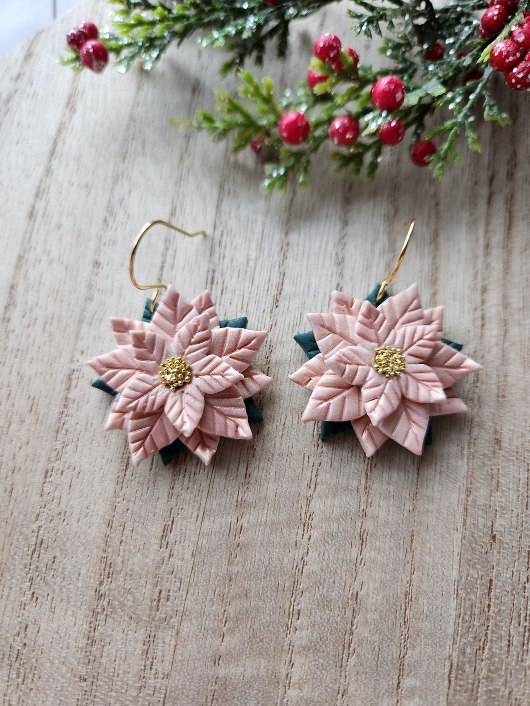 Large Pink Poinsettia Clay Earrings