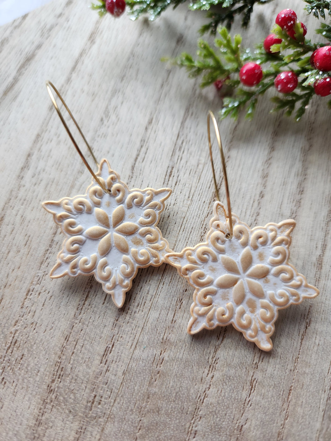 Gold Snowflake Clay Hoop Earrings