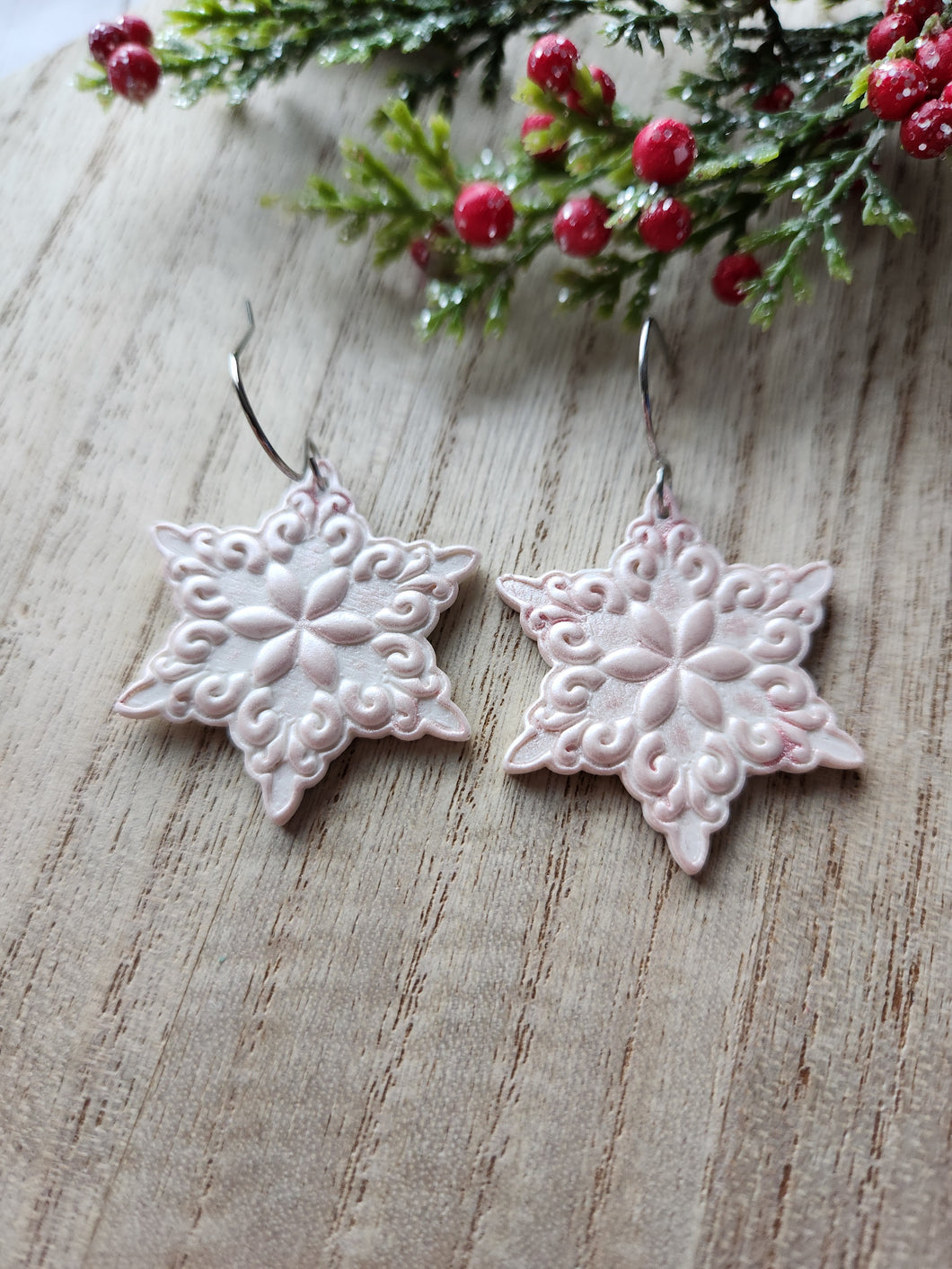 Pale Pink Snowflake Clay Earrings