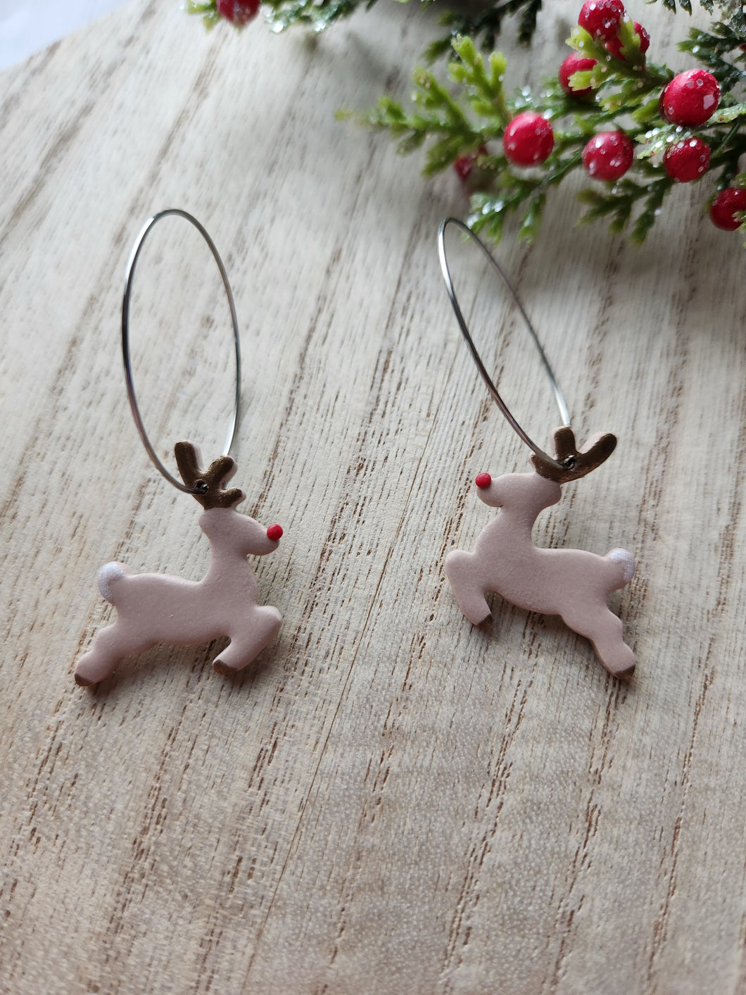 Red Nosed Reindeer Clay Hoop Earrings