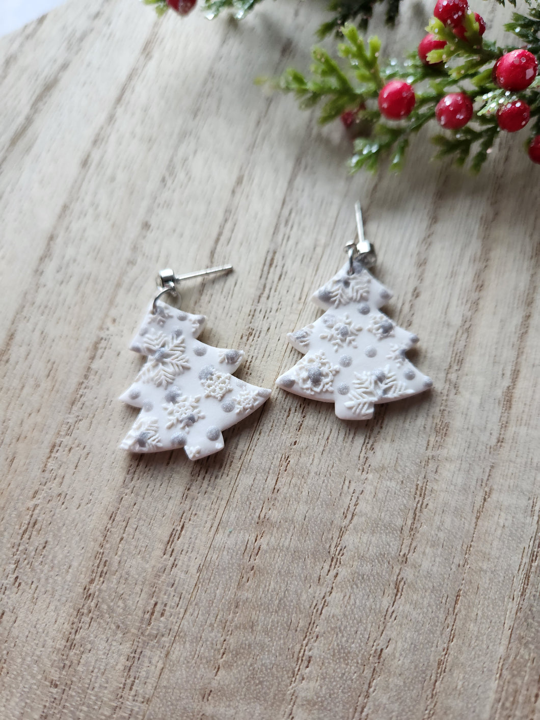 Silver Snowflake Rhinestone Tree Clay Earrings