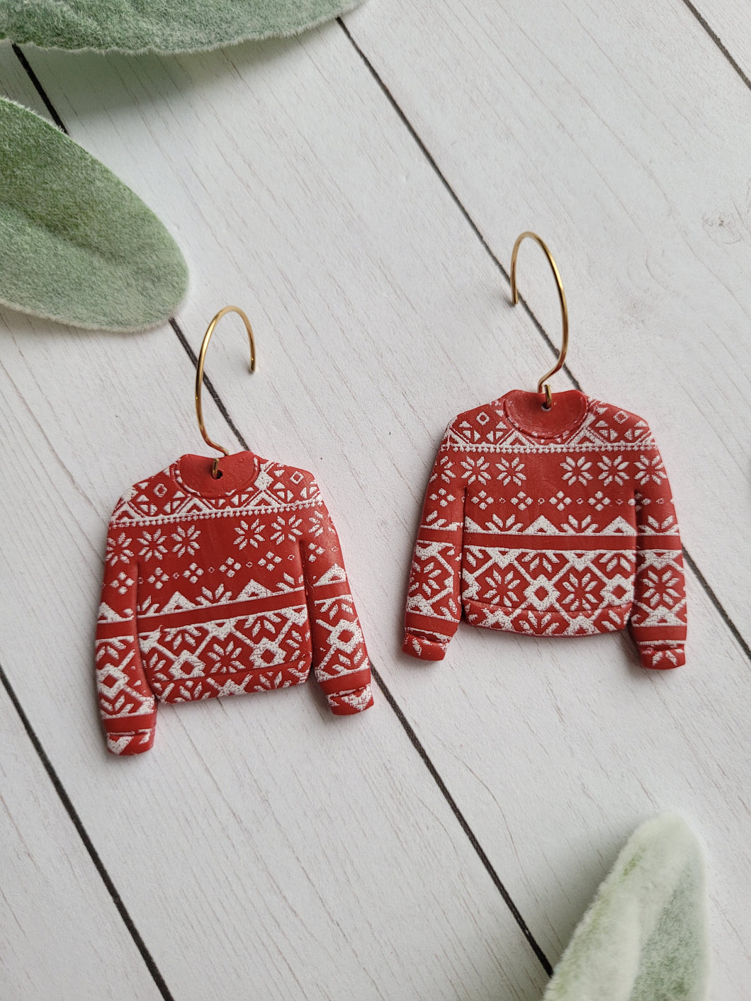 Large Red Christmas Sweater Polymer Clay Earrings