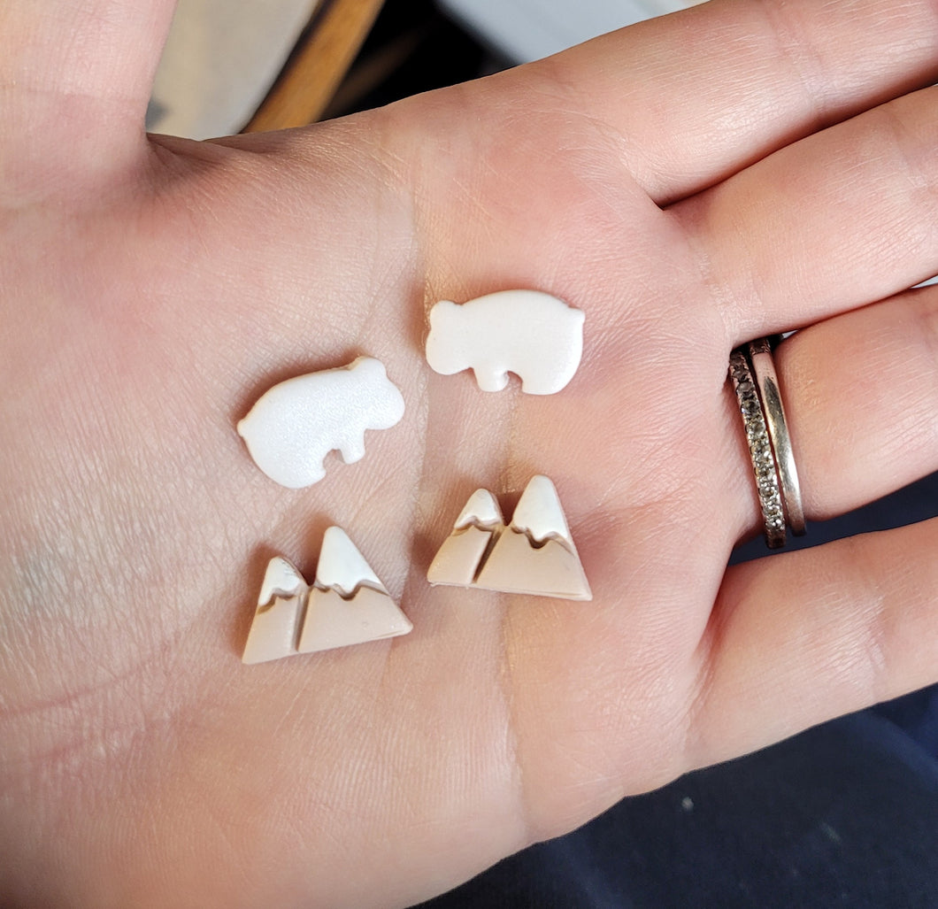 Winter Mountains & Polar Bear Polymer Clay Stud Earrings