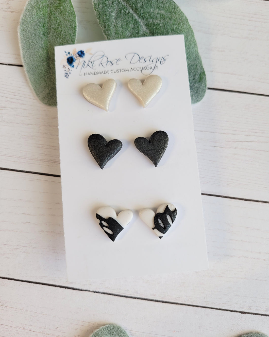 3 pack Heart Stud Earring Set, Black White Lace