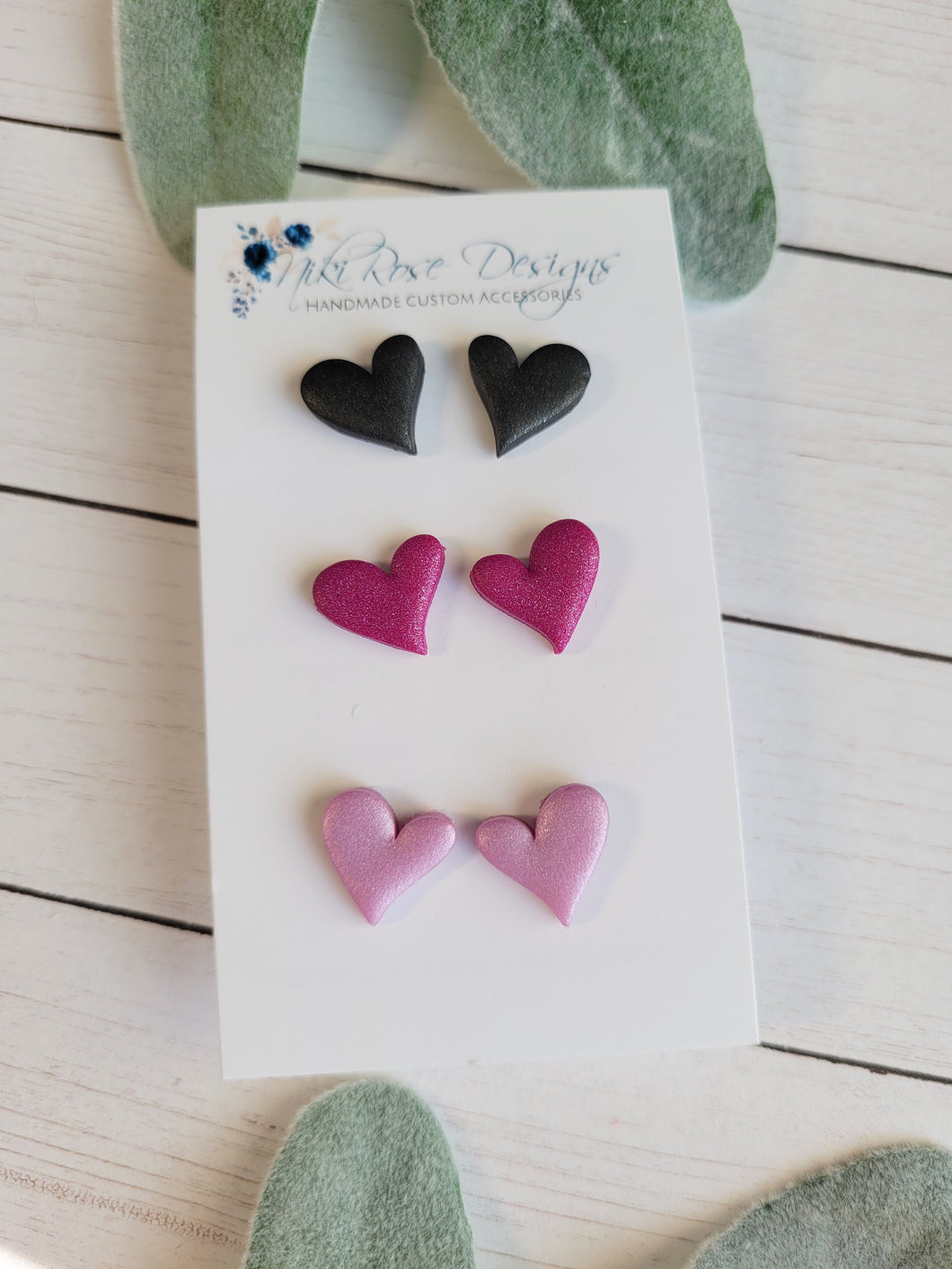 3 pack Heart Stud Earring Set, Black Purple Lavender