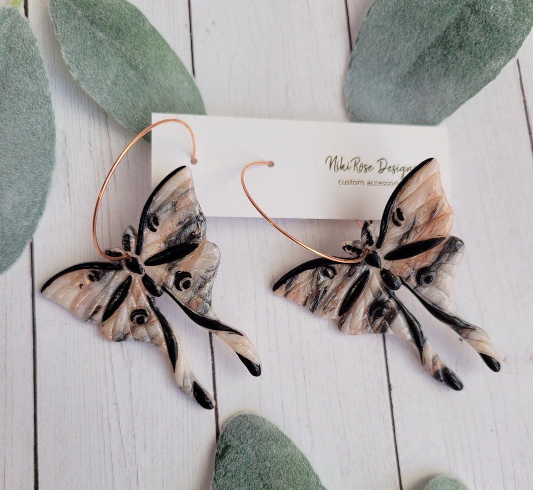 Peach, Black & Rose Gold Marble Luna Moth Clay Earrings