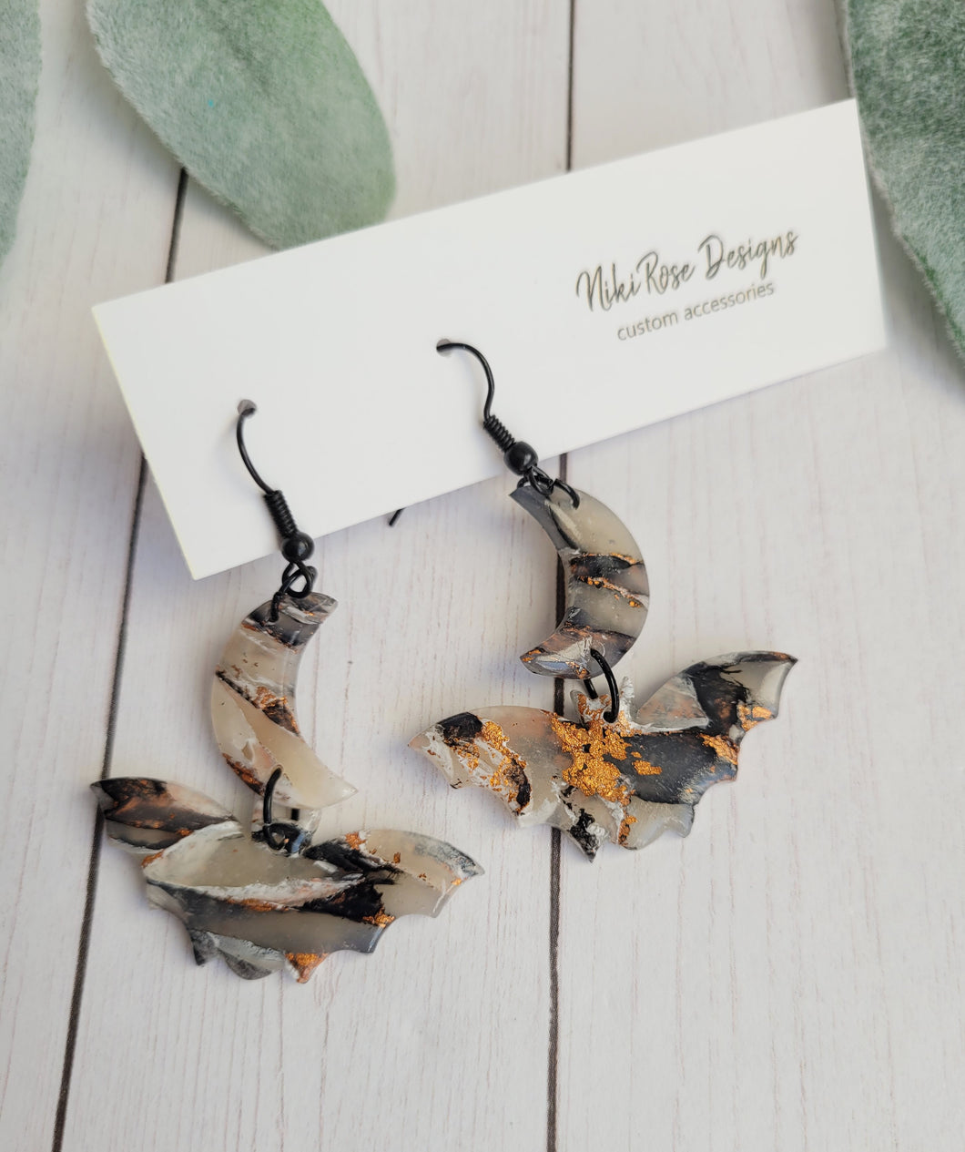 Black & Copper Bat Moon Dangle Earrings