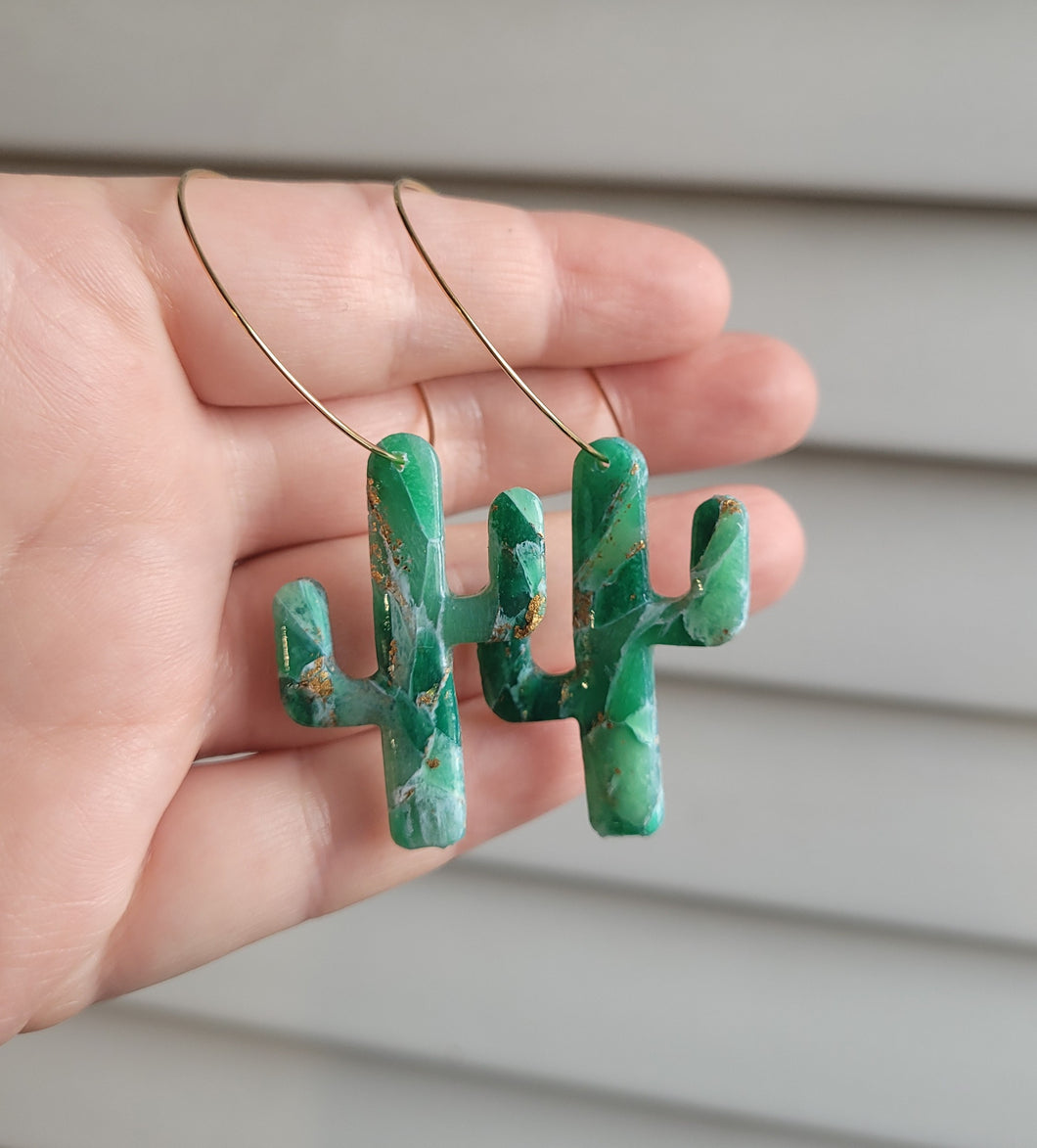 Green & Gold Marble Cactus Hoops