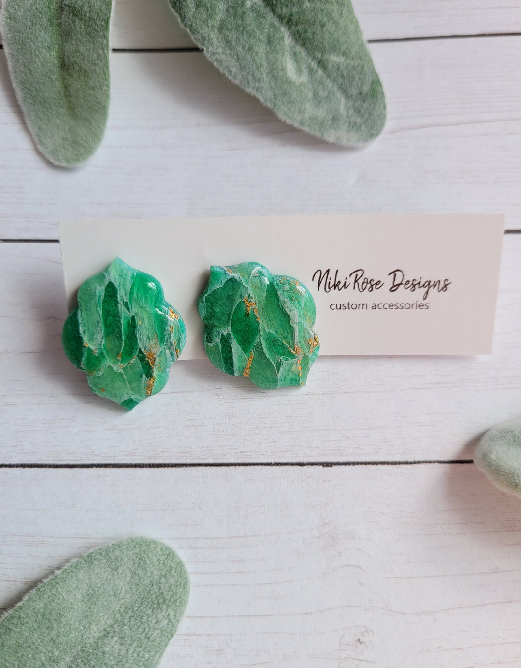 Green & Gold Marble Large Scroll Studs