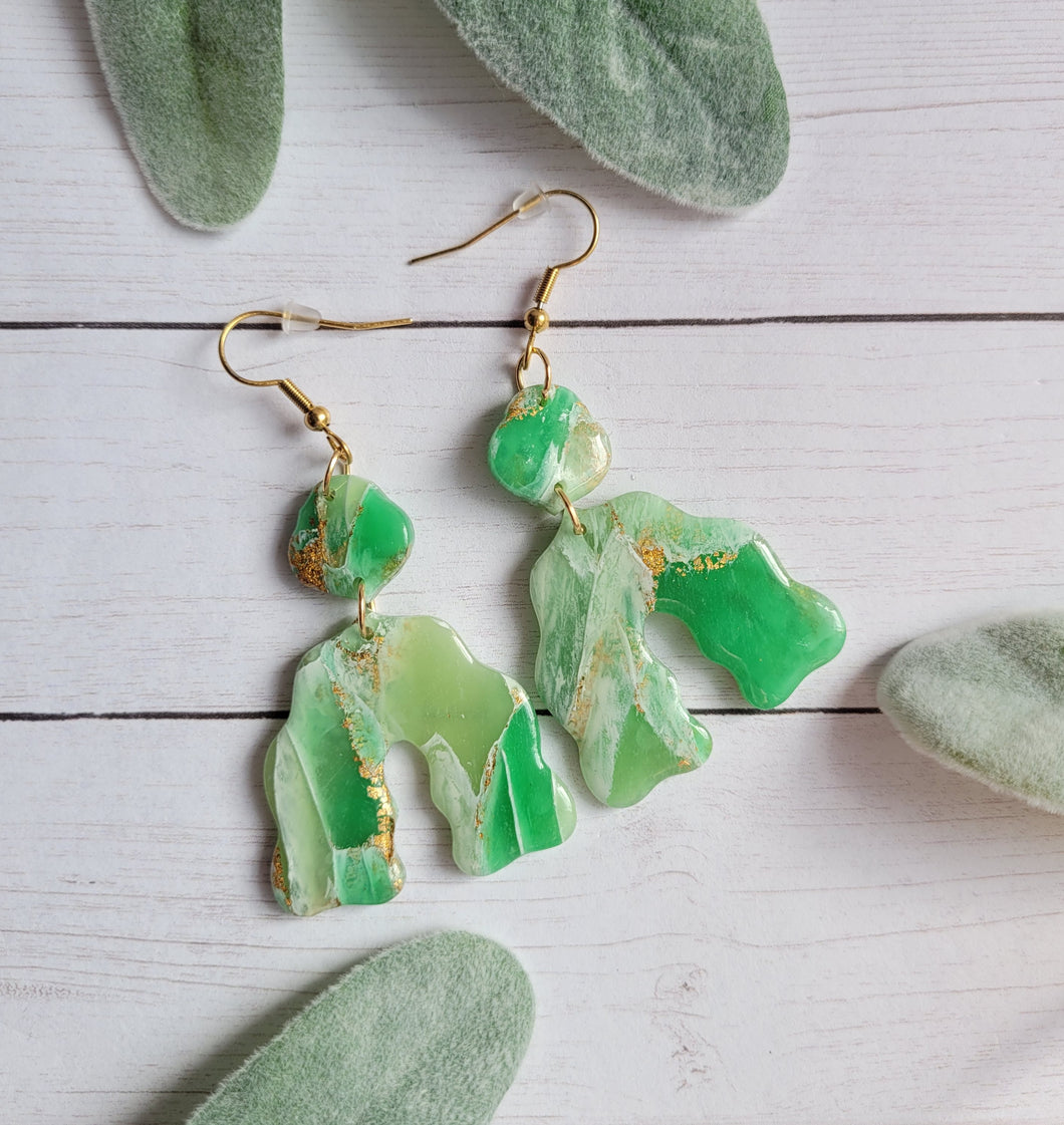 Green & Gold Marble Wavy Arch Dangles