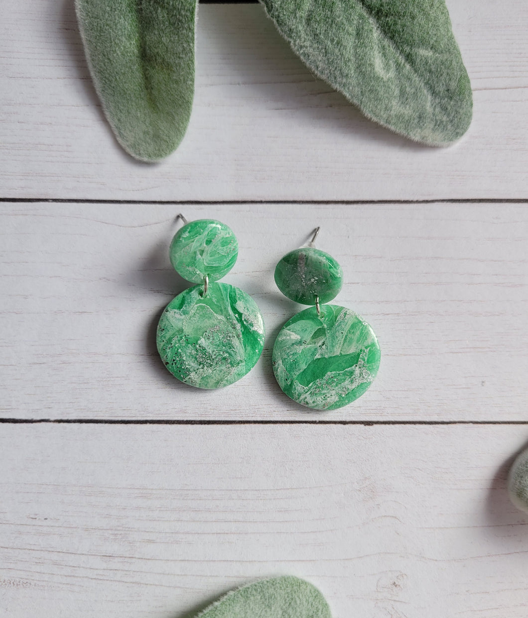 Green & Silver Marble Circle Dangle Studs