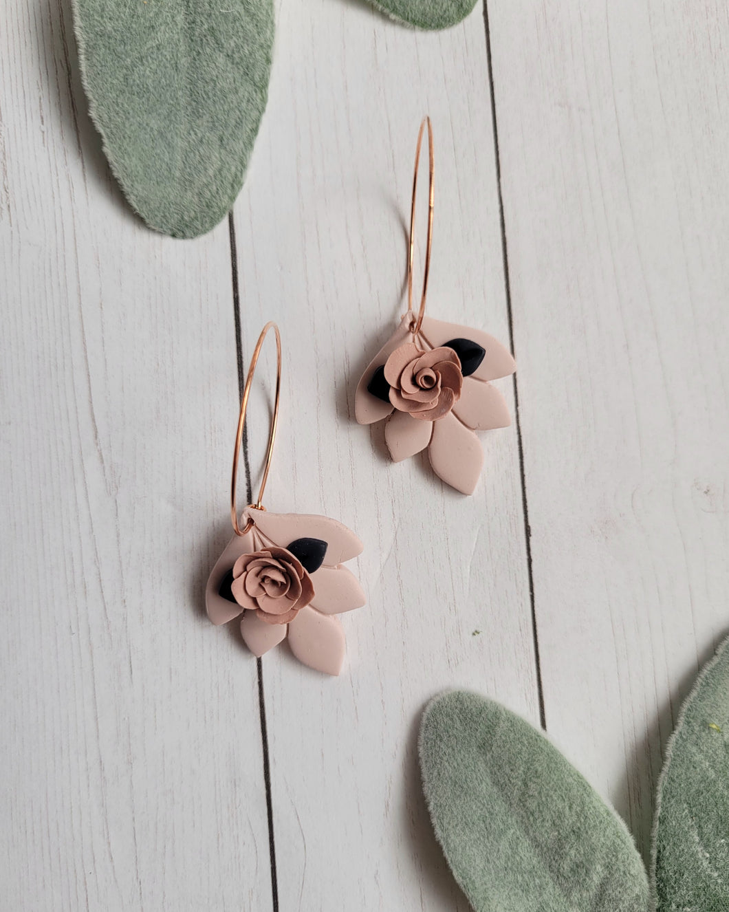 Dusty Peach & Navy Floral Hoop Earrings