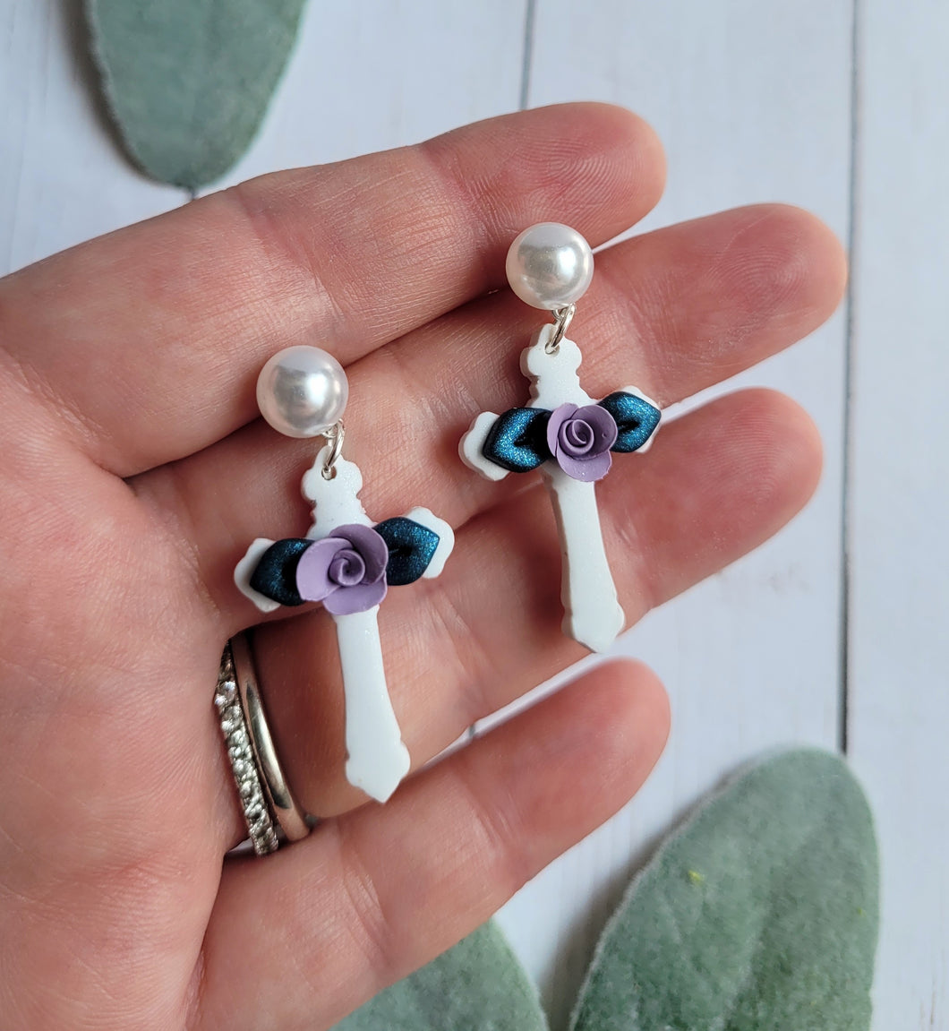 Floral Cross Pearl Earrings