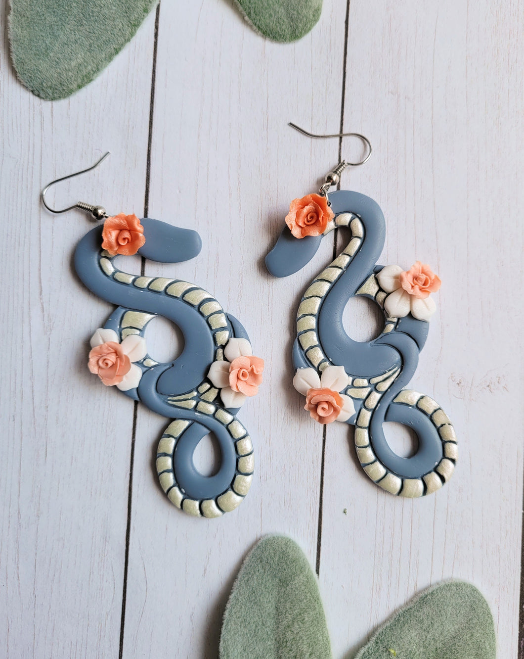 Blue Large Floral Snake Earrings