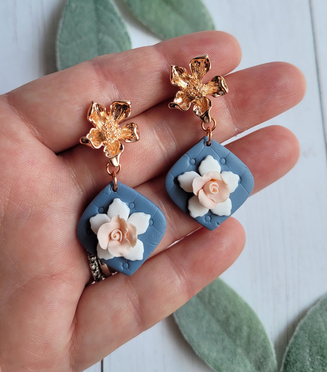 Blue & Rose Gold Floral Dangle Earrings