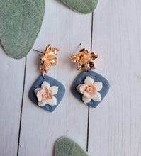 Load image into Gallery viewer, Blue &amp; Rose Gold Floral Dangle Earrings
