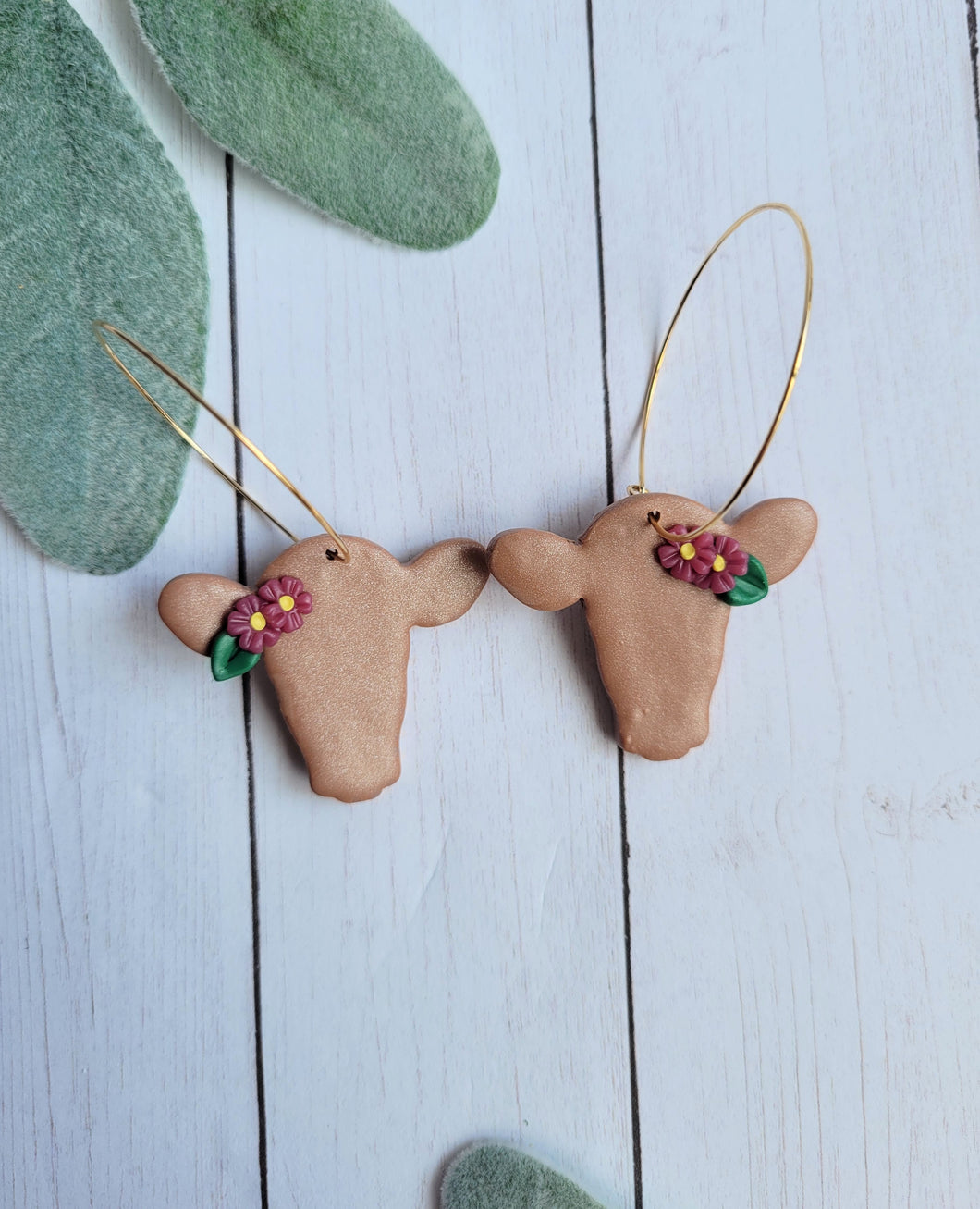 Floral Brown Cow Hoop Earrings