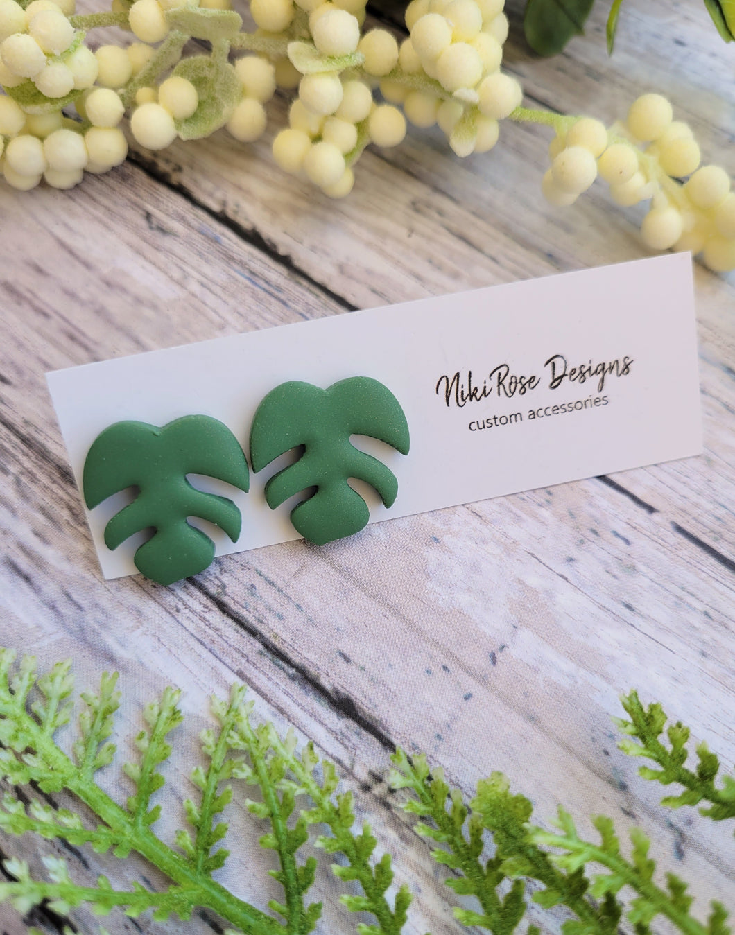 Dark Green Monstera Leaf Studs