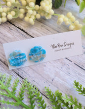 Load image into Gallery viewer, Gold &amp; Aqua Seaglass Marble Clamshell Studs
