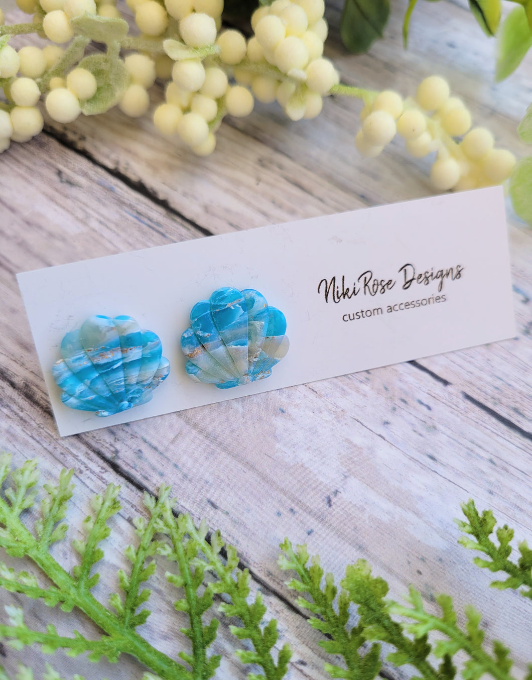 Gold & Aqua Seaglass Marble Clamshell Studs