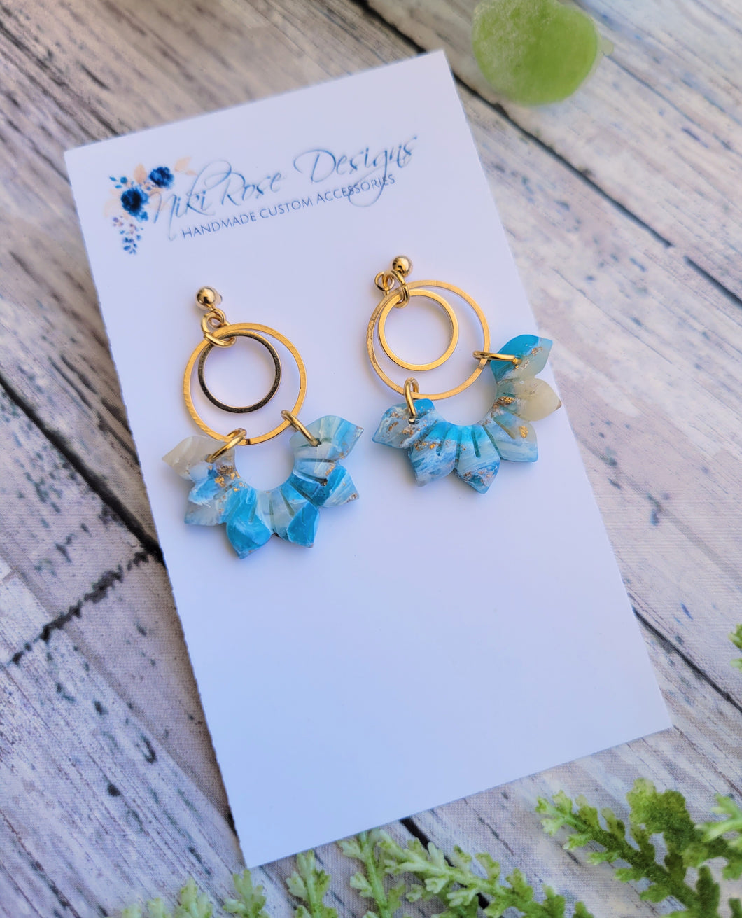 Gold & Aqua Seaglass Marble 6 Point Petal Dangles