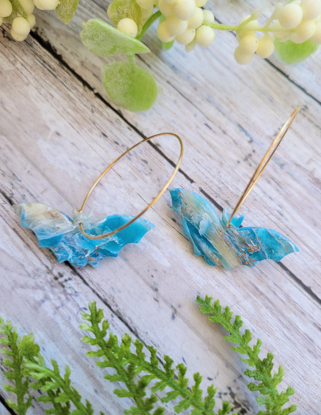 Gold & Aqua Seaglass Marble Bat Hoops