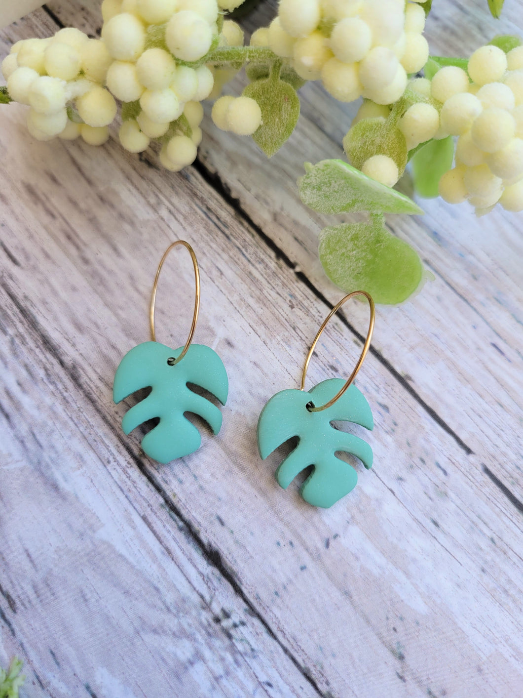 Small Light Green Monstera Leaf Hoops