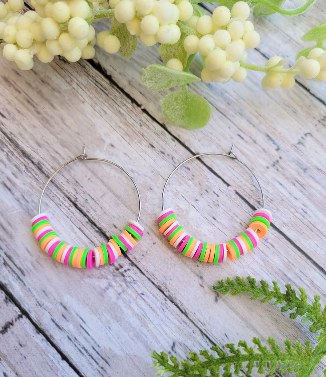 Neon Heishi Bead Silver Hoops