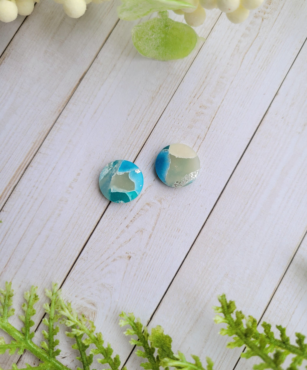 Silver & Aqua Seaglass Marble Circle Studs