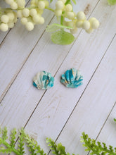 Load image into Gallery viewer, Gold &amp; Aqua Seaglass Marble Clamshell Studs
