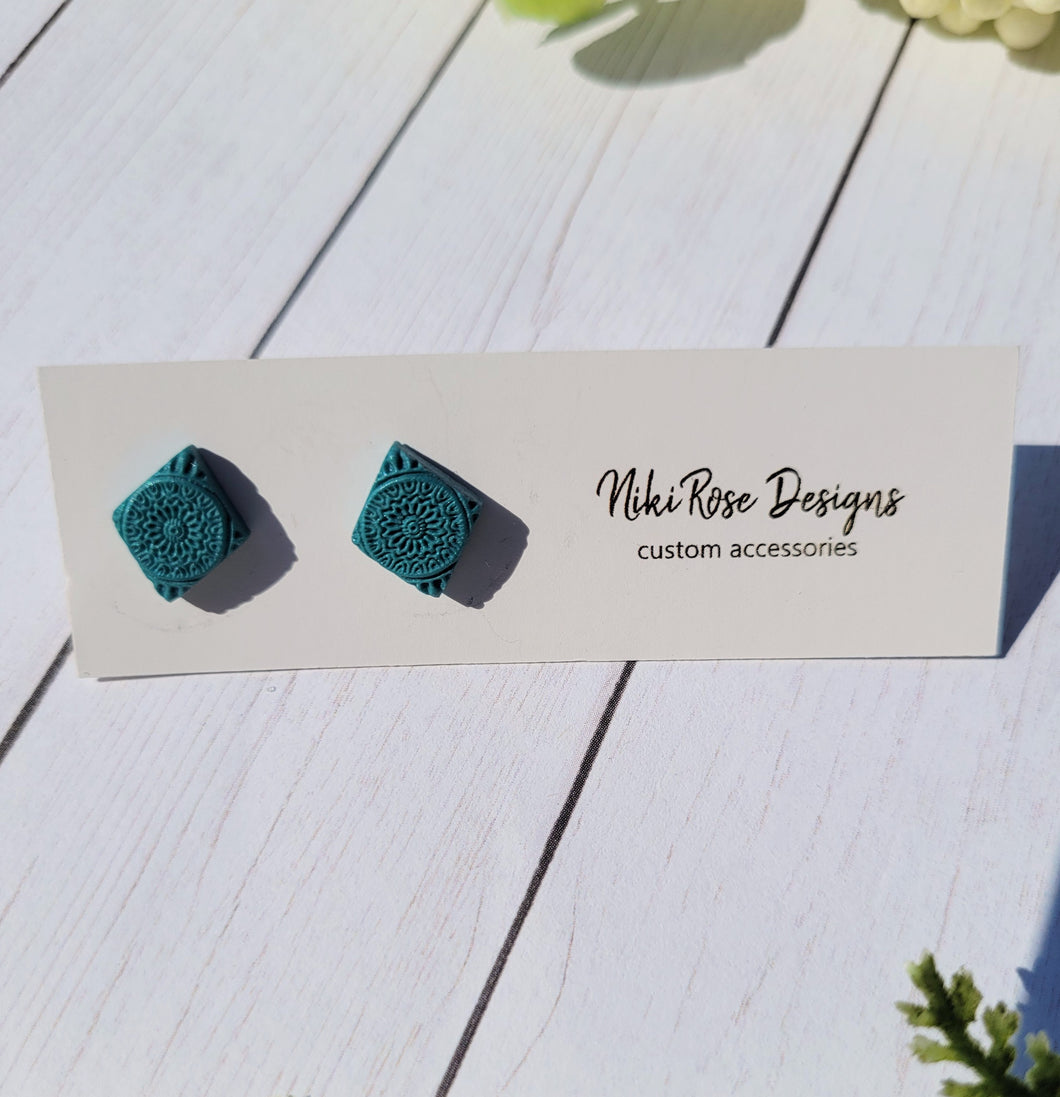 Teal Embossed Mandala Diamond Studs