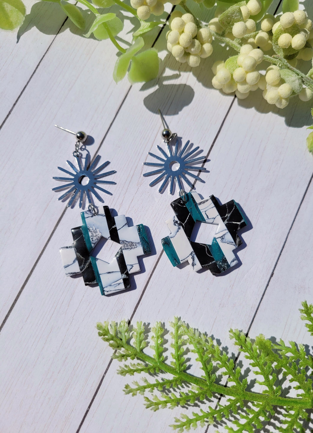 Aztec Cross Sunburst Black &Teal Striped Marble Hoops