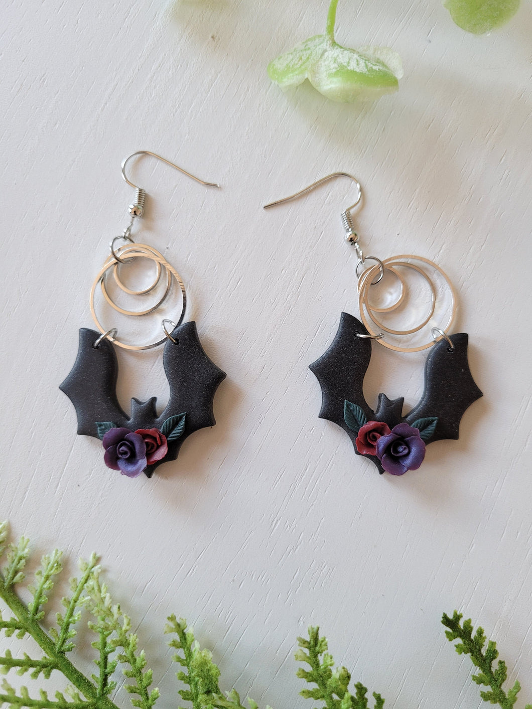 Burgundy, Purple & Black Floral Bat Dangles